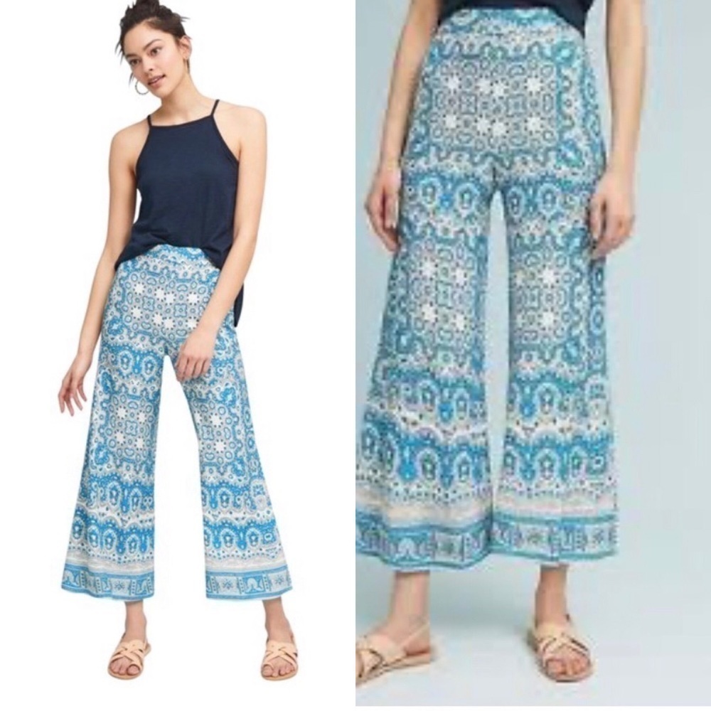 anthro Feather Bone Blue Talese Cropped Palazzos - Picture 1 of 12